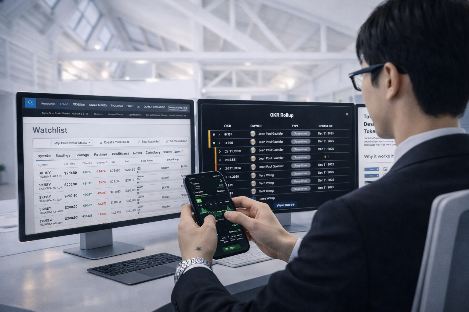 Man with mobile phone and monitors